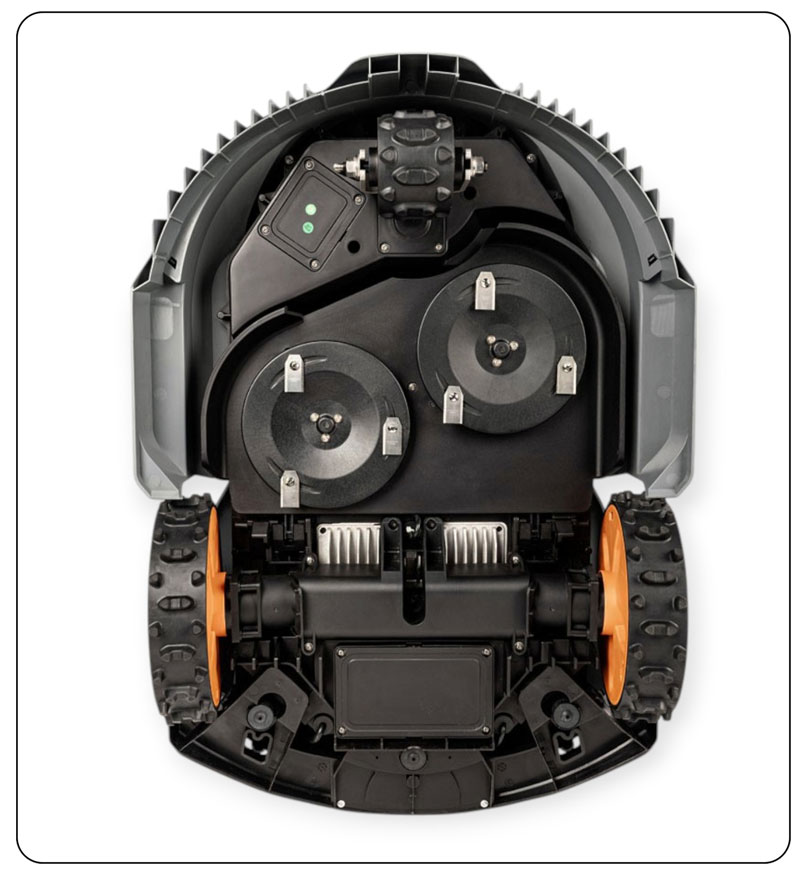Dwa dyski tnące i mocne koła robota Sunseeker X7 PLUS